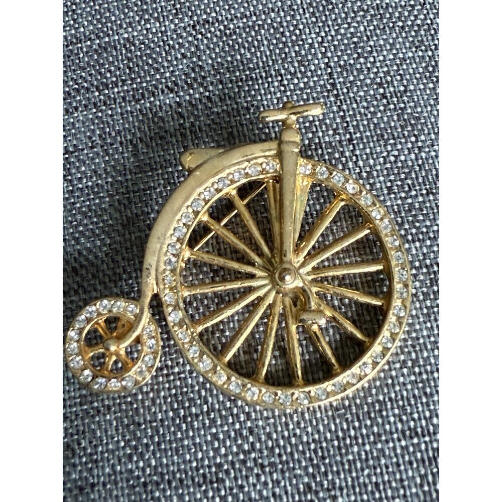 Vtg. Big Wheel Bicycle Brooch Gold Tone Rhinestone Whimsycore Statement Career